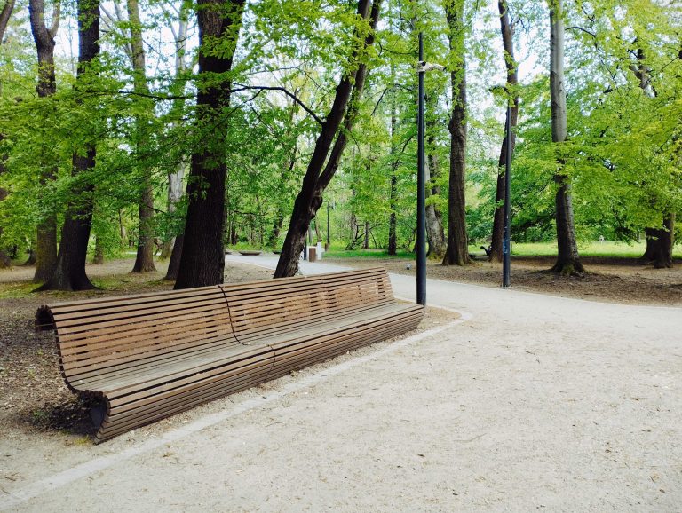 A large wooden bench in the park nearby the path.