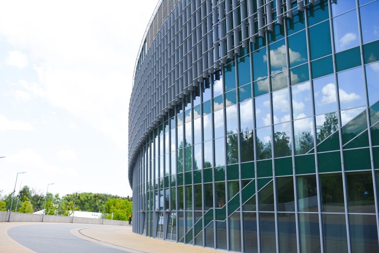 View from the outside of a modern building, which is perfectly suitable for organizing business conferences.