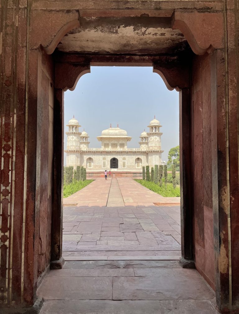 A long view of Tomb of I’timād-ud-Daulah aka Baby Taj from its main entrance. Agra, India