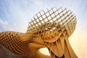 Sky over Metropol Parasol in Seville, Spain. Construction, wood, orange, blue