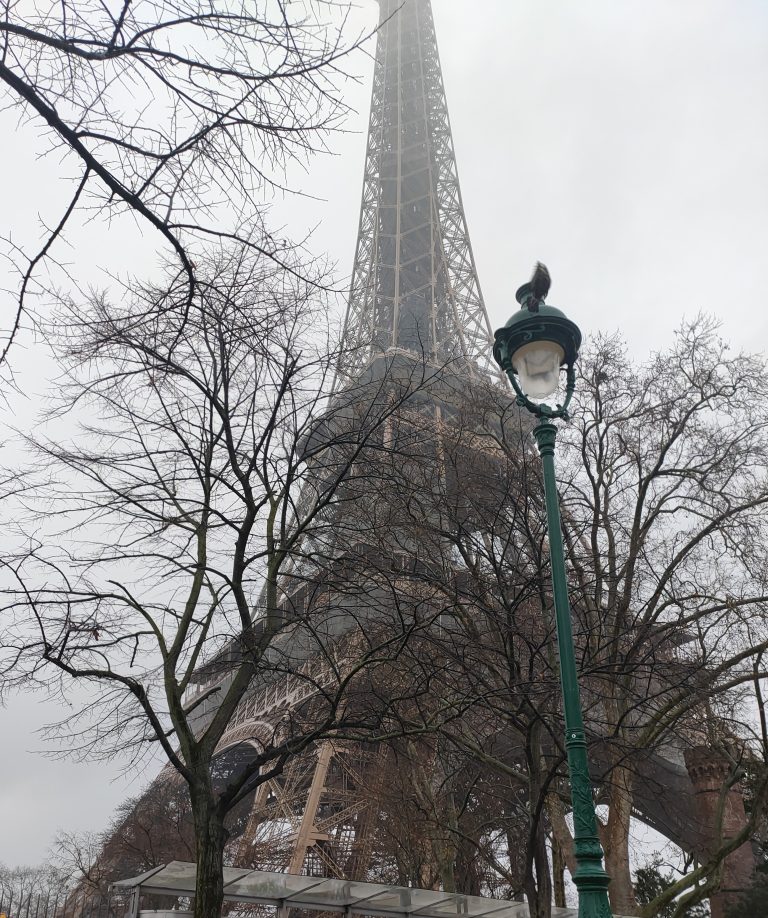 Eiffel Tower on a cloudy day, photograph taken from below the tower