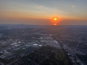 Sunrise over Lake Michigan near Chicago, Illinois, as seen from an airplane.