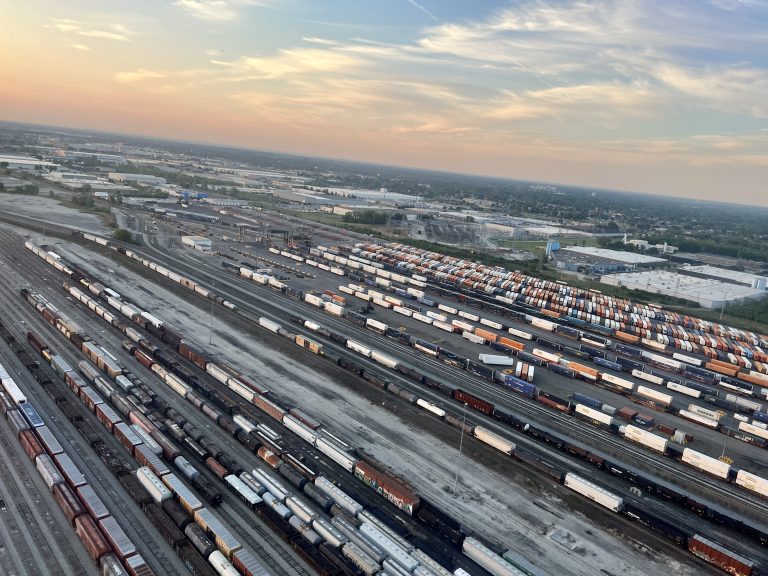 Trainyards near Chicago, Illinois, as seen from an airplane.