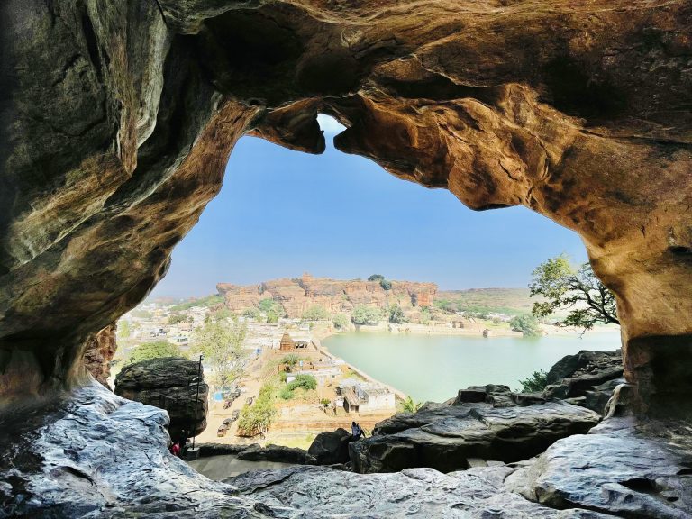 A long view of Agasthya Lake from a cave near to Badami cave temples. From Badami, Karnataka, India.