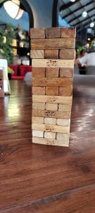 Closeup of a perfectly stacked Jenga game.
