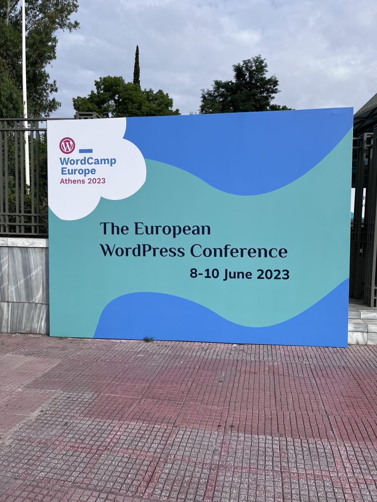 Entrance sign of WordCamp Europe in Athens (2023)
