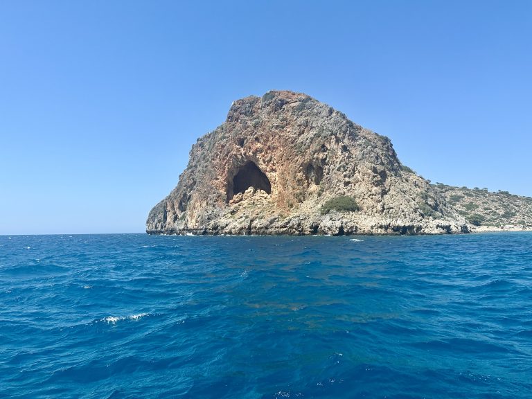 A view an island off the coast of Chania, Greece.