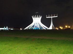 Metropolitan Cathedral of Brasília at night.