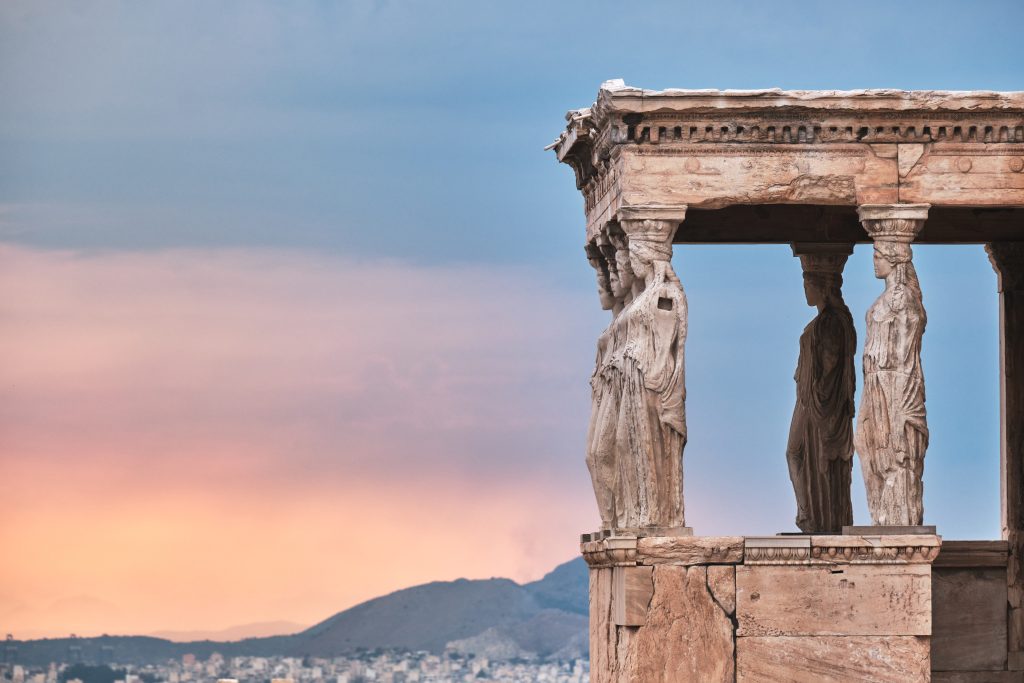 Caryatid in Athens at sunset