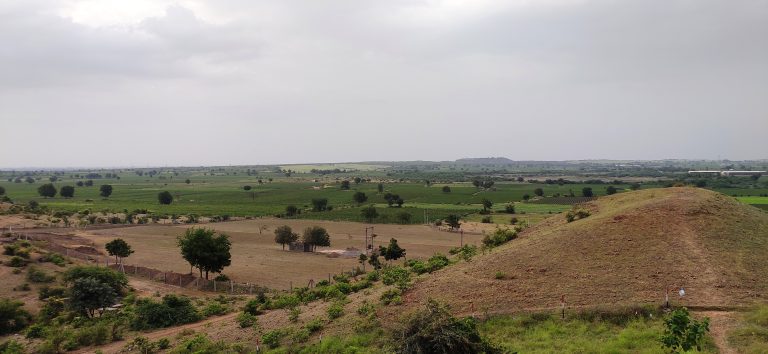 Long view of? a mostly open plain with plots of both dry and lush plots under a cloudy sky.