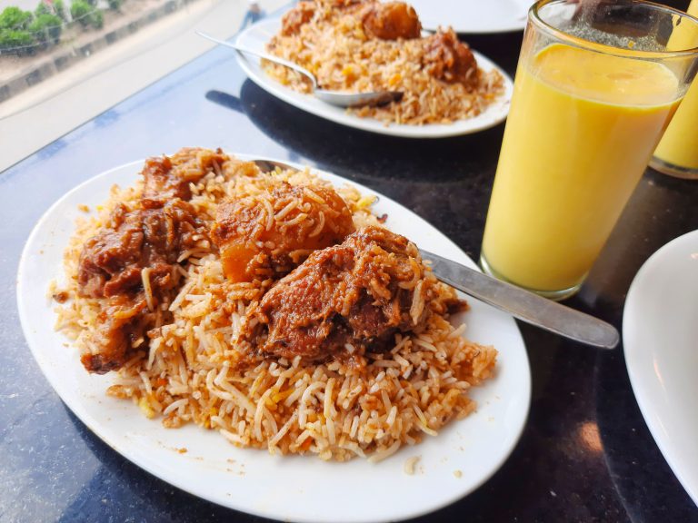 Kacchi mutton biryani and a glass of refreshing Almond Sharbat, a traditional delicacy loved by the locals of old Dhaka.