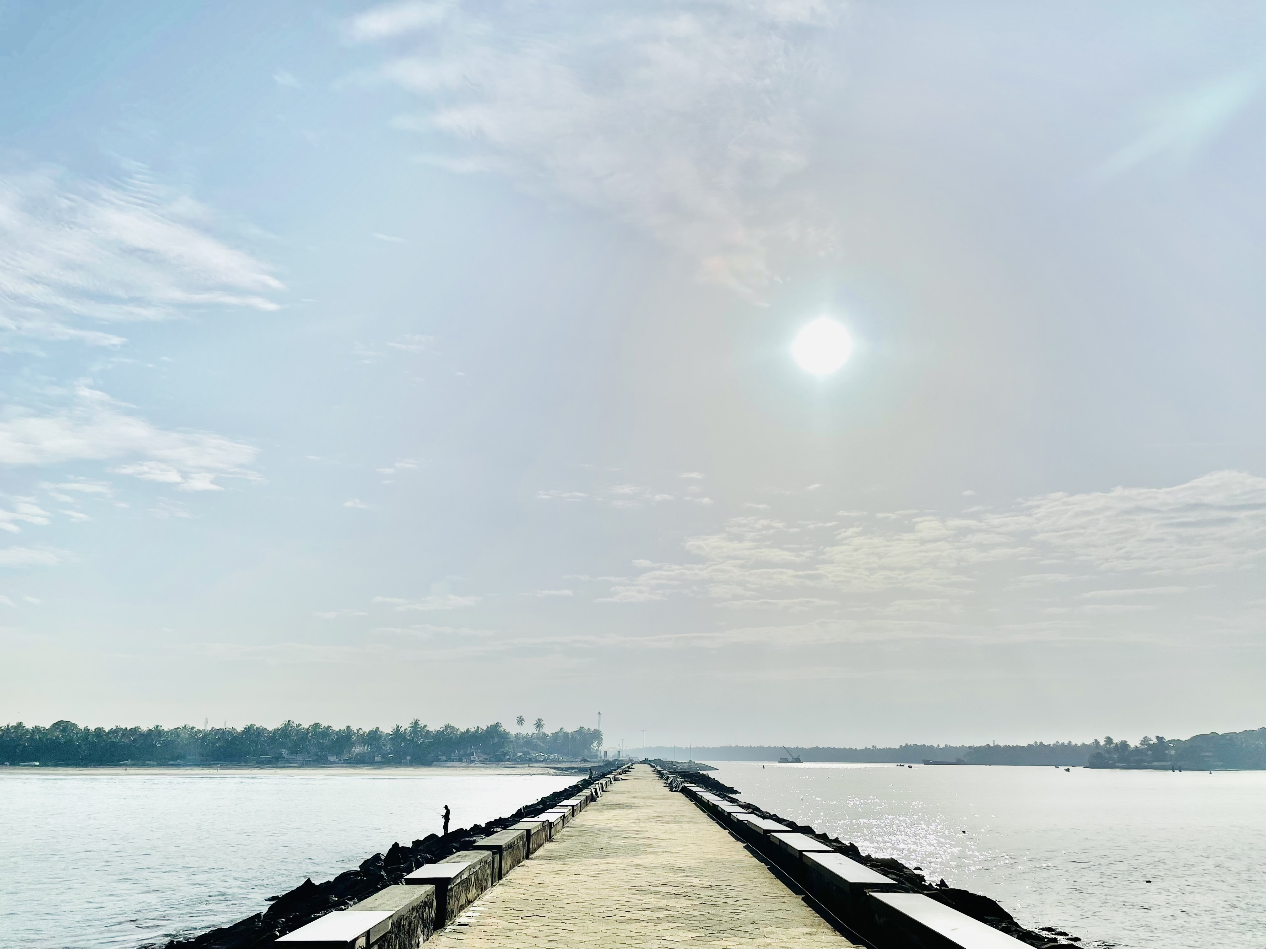 Street in Kozhikode, Kerala. with the beach on the sides and palm trees in the background.