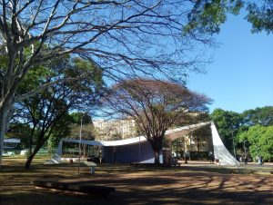 Side view of Nossa Senhora Fátima Brasília Church, also known as “Igrejinha”, project from the architect Oscar Niemeyer.
