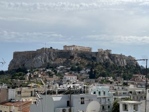 The Parthenon atop the Acropolis in Athens, Greece, photographed from a rooftop garden restaurant during WCEU.