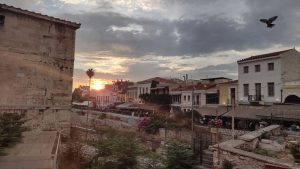 A view to Adrianoy Street, near Ancient Agora of Athens in sunset, after a rainy afternoon.
