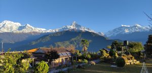 Machhapuchre (Fishtail) mountain view from Astam village near Pokhara, Nepal.