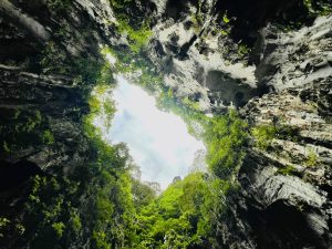 Sky view from the bottom of the second cave of Batu Caves, Kuala Lumpur, Malaysia.