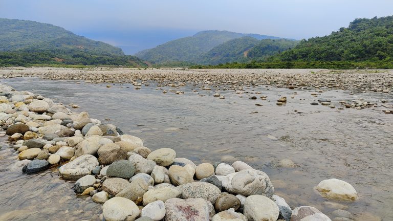 Sylhet Bhulagonj White Stone. small dam made of rounded river rocks about the size of grapefruits.