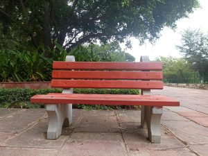 A cement bench in a park.