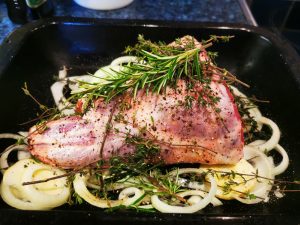 Leg of lamb prepared for roasting