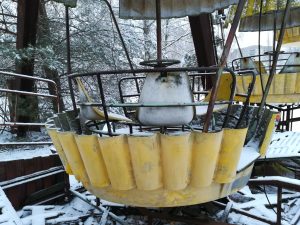 Passenger cabin of the abandoned Ferris wheel in Pripyat amusement park.
