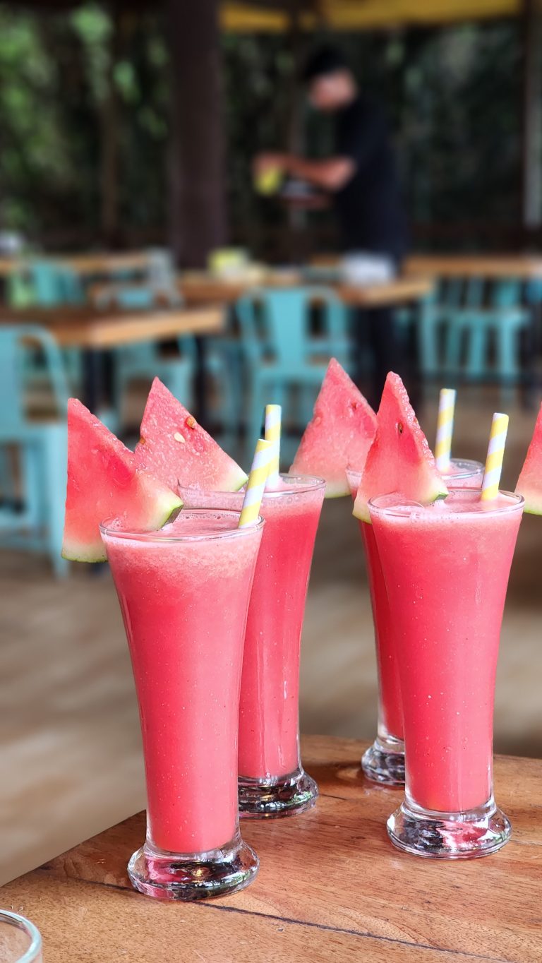 Watermelon juice in a nestled jungle cafe.