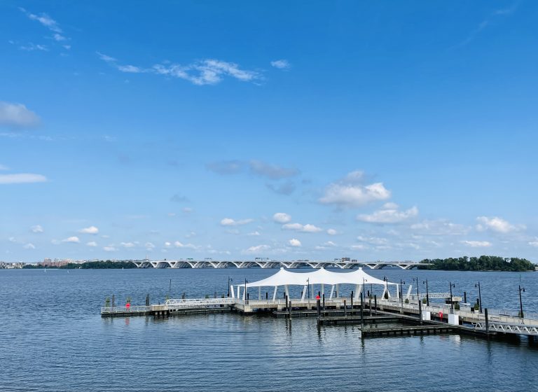 Long view of Woodrow Wilson Memorial Bridge from Gaylord convention centre, National Harbor, Maryland