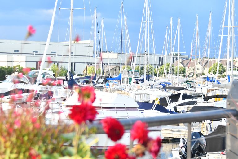 Boats docked at a marina on Lake Michigan in Door County.