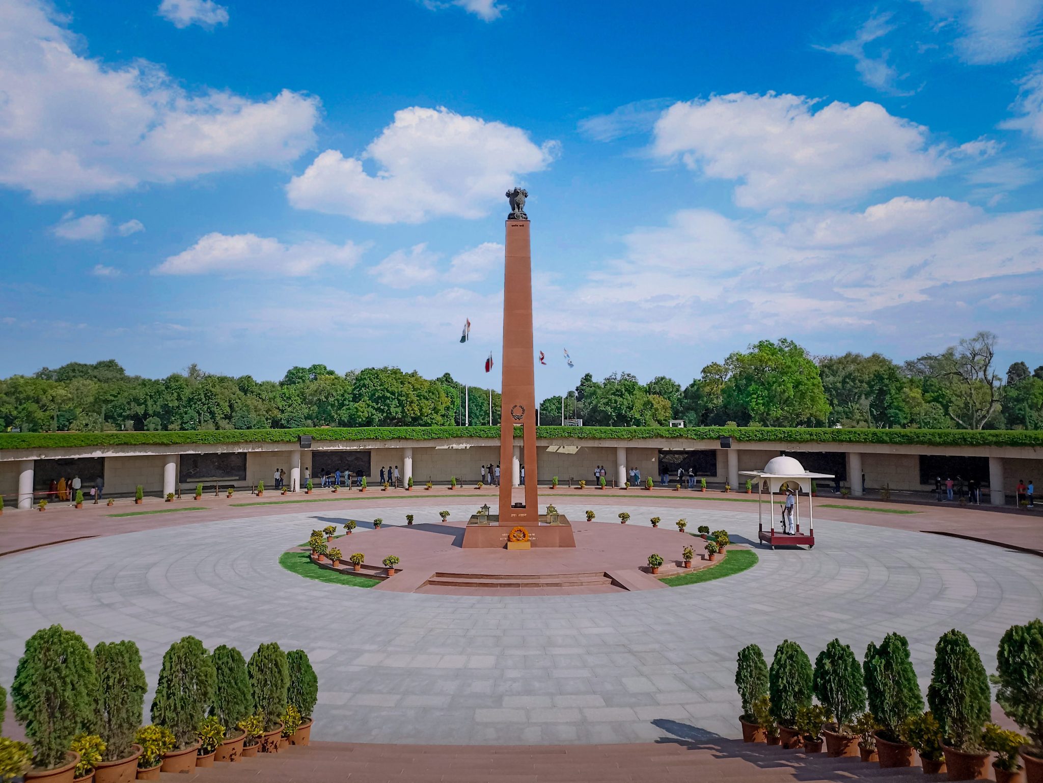 A wide shot of the National War Memorial structure in Delhi, India.