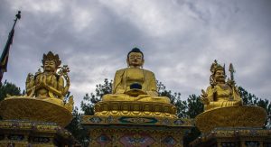 The Three Golden Buddha Statues at Swayambhu Environmental Park, Kathmandu, Nepal