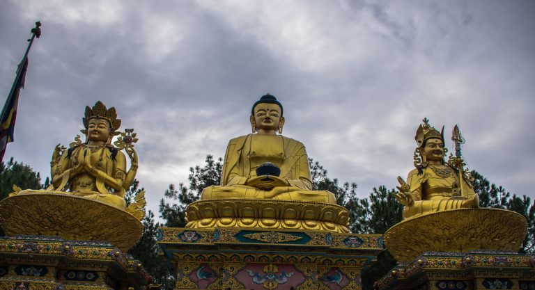 The Three Golden Buddha Statues at Swayambhu Environmental Park, Kathmandu, Nepal