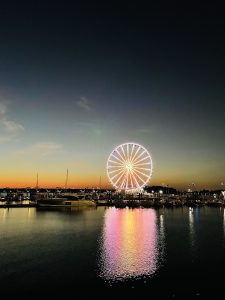 Night view of the giant wheel of National Harbor. From Maryland, United States.