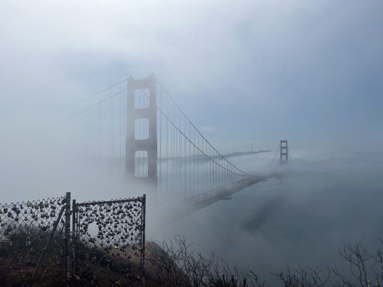 The San Fransisco bridge covered in a layer of fog in the background with a chain link fence covered in locks in the foreground.