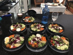 Seven salads prepared fore the weekly food prep