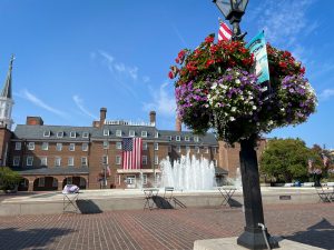 Baskets of flowers on a lamppost with a water fountain behind it and a building with a large American flag behind that.
