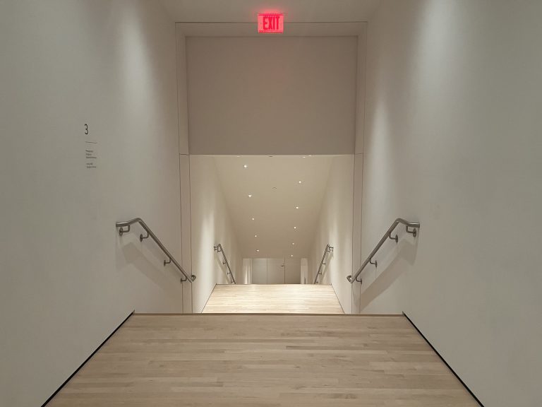 A wide staircase hallway with a red exit sign above the stairs.