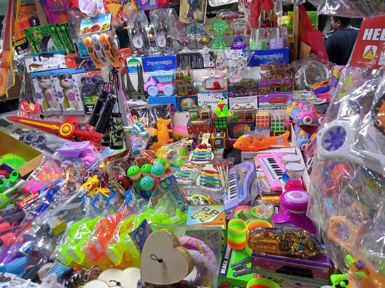 Children’s toys in a toy shop at Burmese Market near Cox’s Bazar sea beach in Bangladesh.