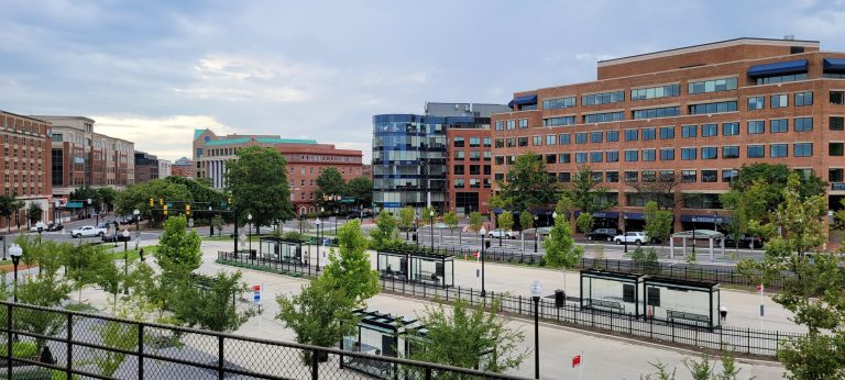 Red brick buildings in Alexandria Virginia, view from the Kings Street Metro Stop