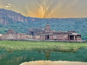 Sunrise view near to the Bhutanatha group of temples. Badami, Karnataka, India.