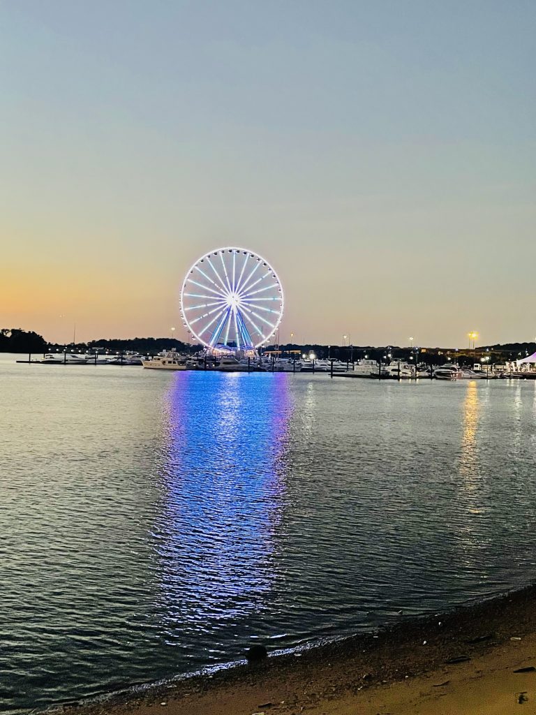 Night view of the giant wheel of National Harbor. From Maryland, United States.