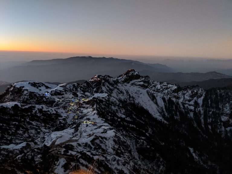 Sunrise and beautiful mountains with snow in Kuri Village, Kalinchowk, Dolakha, Nepal