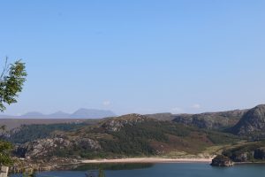 Gruinard Bay, Scottish Highlands in August, sea, beach, rocks and mountains 