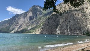 A beach with a mountain and vegetation in the background