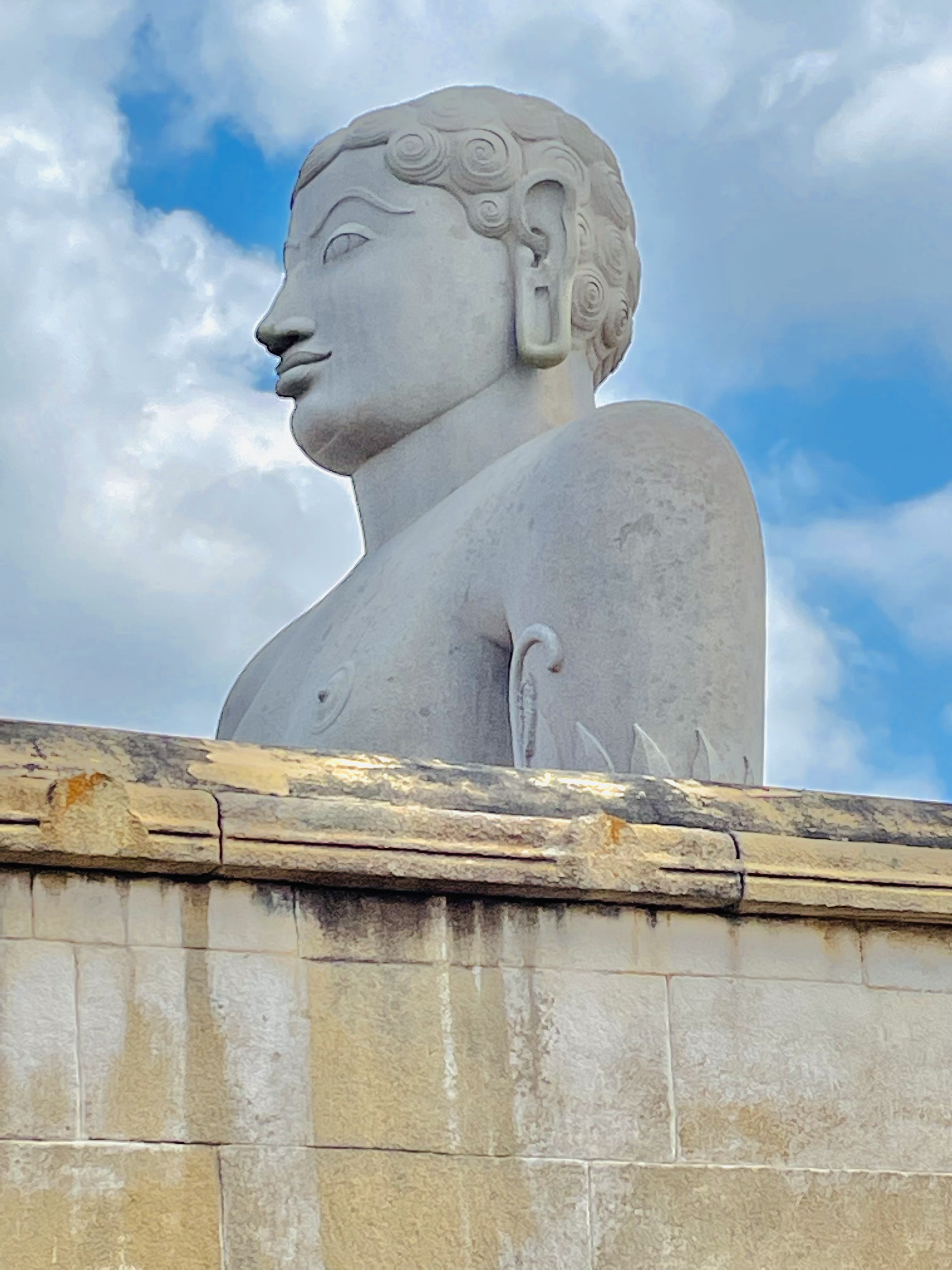 The Gommateshwara(Bahubali) statue’s side view. It is a 57-foot (17 m) high monolithic statue on Vindhyagiri Hill, Shravanbelagola, Karnataka, India.