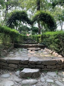 Stairs with a beautiful fence and stone stairs. 