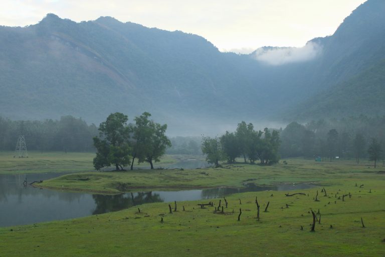 A picturesque scene with mountains in the background and a lush grassy field dotted with trees in the foreground. A small pond in the center.