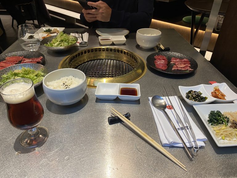 Different types of meats and vegetables on a table in a Japanese restaurant located in Madrid, Spain.