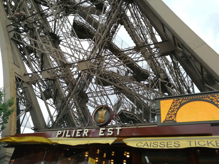 a detailed view of the metal construction of the “Eifel Tower” in Paris.