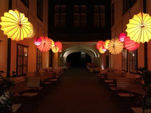 orange and yellow lights in a restaurant terrace at night