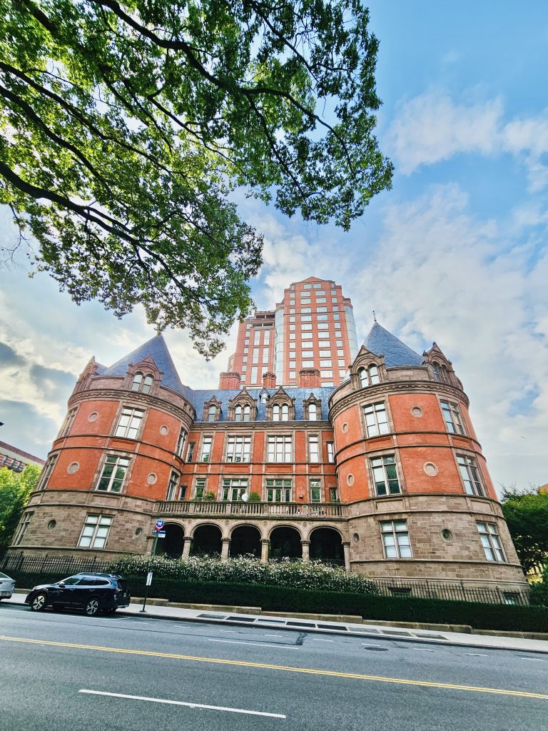 Long view of the Museum of the New York Cancer Hospital. A late 19th century building. But now a luxury apartment. New York, United States.